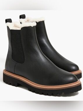 New J. Crew womens Black Ankle Lug Sole Chelsea Sherpa Lined Boots size 7